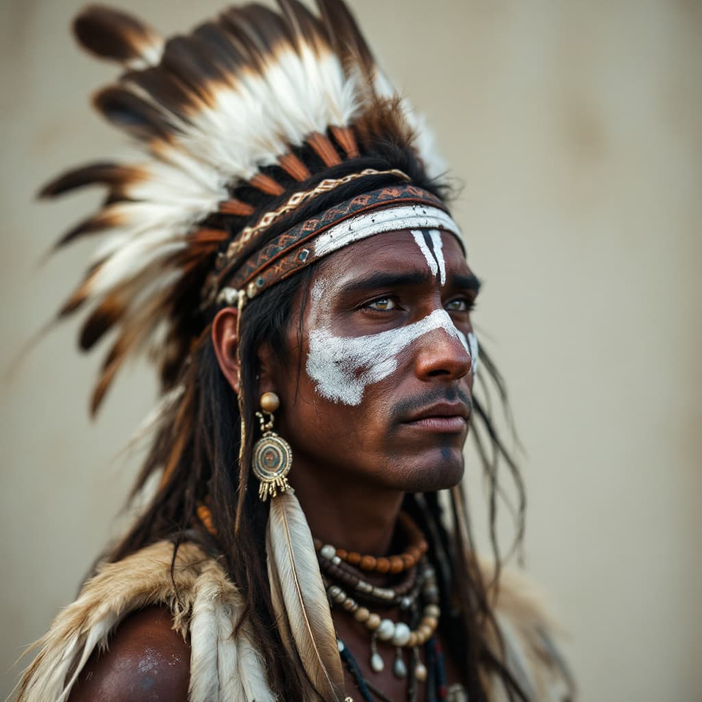 AI generated: A portrait of an American native warrior with paint on his face, feathers in his hair, and war paint...