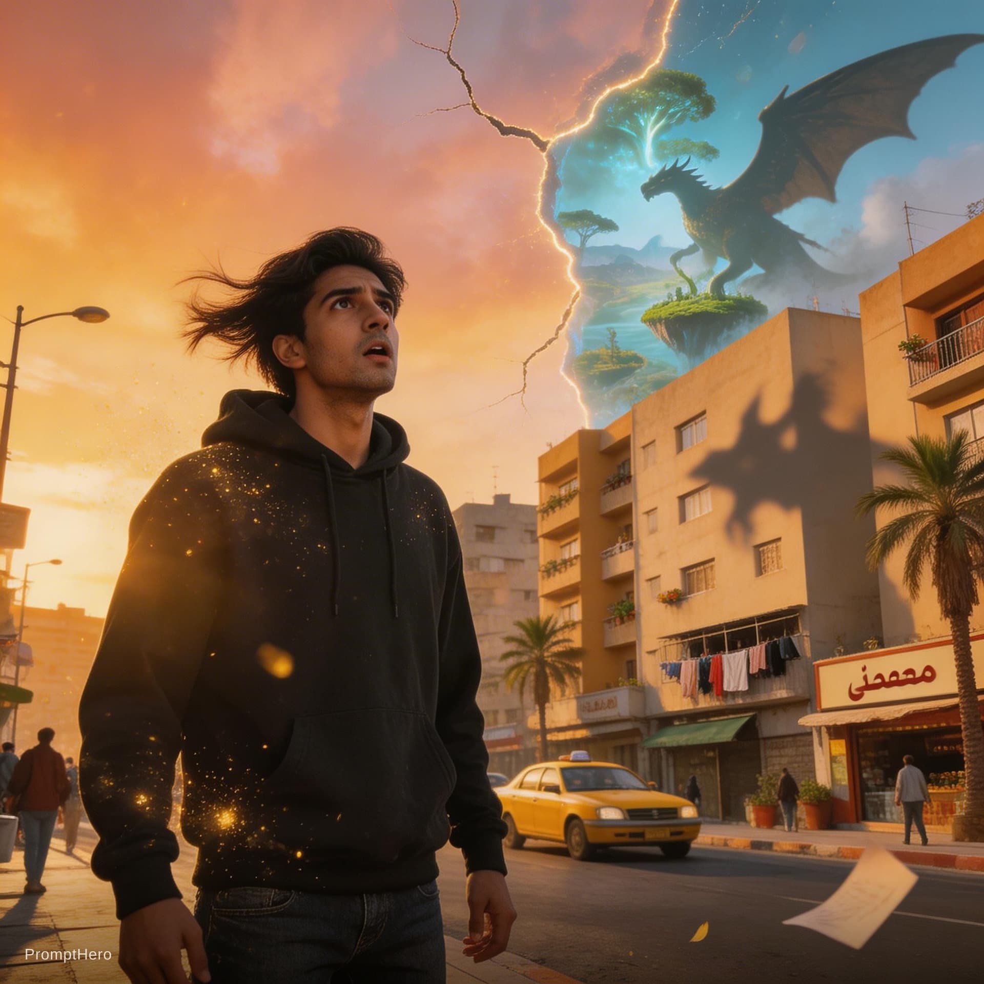 AI generated: A cinematic 10-second scene blending fantasy and realism: A normal street in modern Cairo at sunset,...