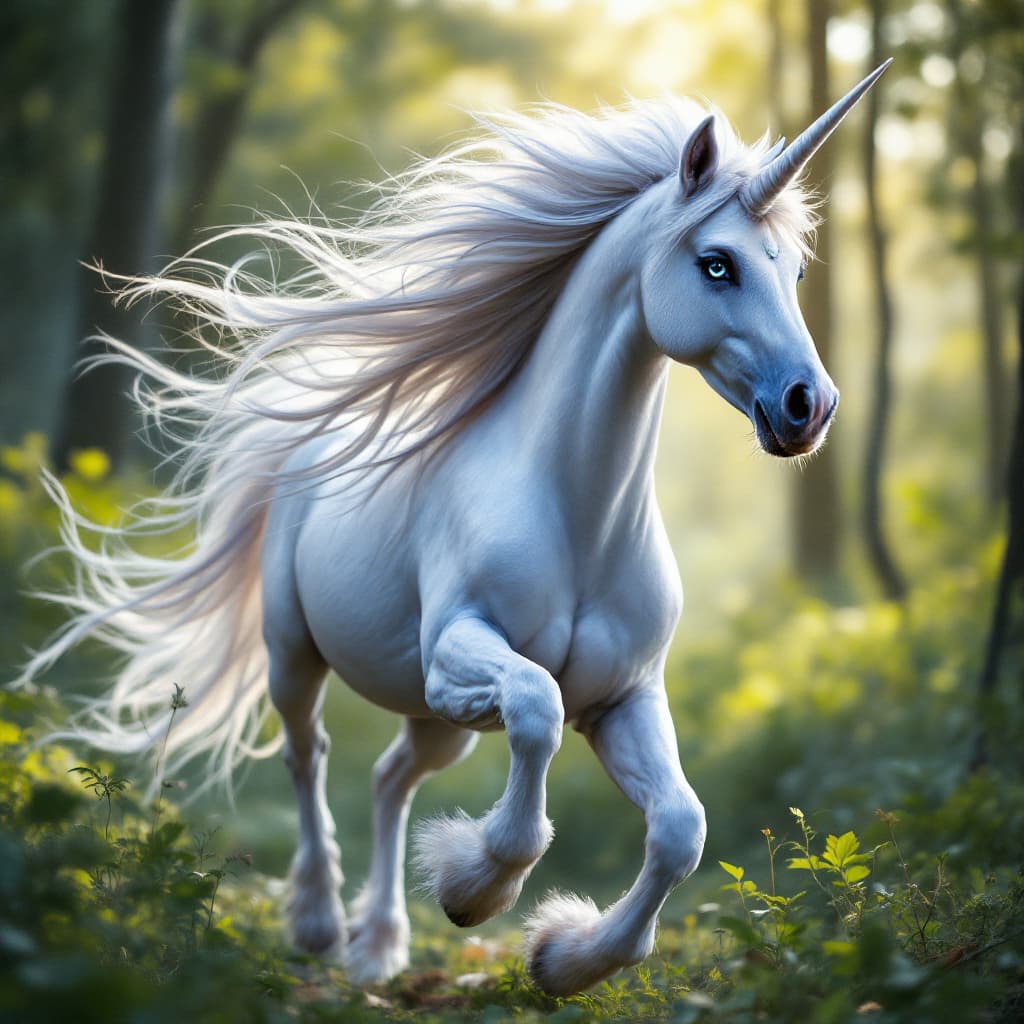 AI generated: a beautiful flawless half unicorn woman with long hair and pretty shiny blue eyes running in the for...