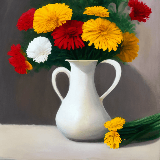AI generated: white vase, colorful marigolds, 06/08/24, black writing