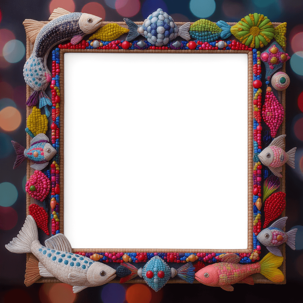 AI generated: Centered image. 400 pixels. Everything should fit within the frame. Fish sculptures, beaded embroide...