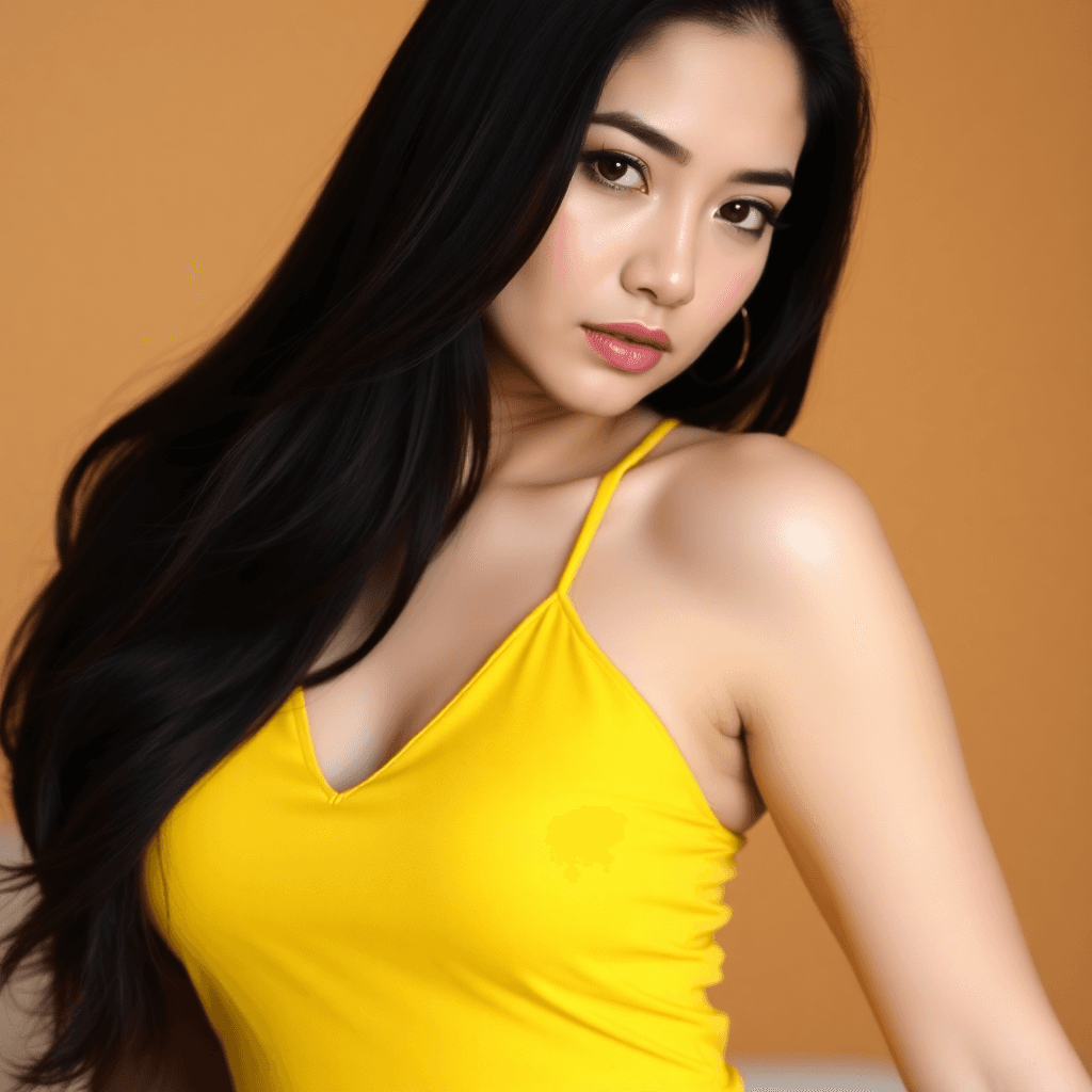 AI generated: "A woman with long dark hair, wearing a yellow sleeveless strappy dress, posing with a serene expres...
