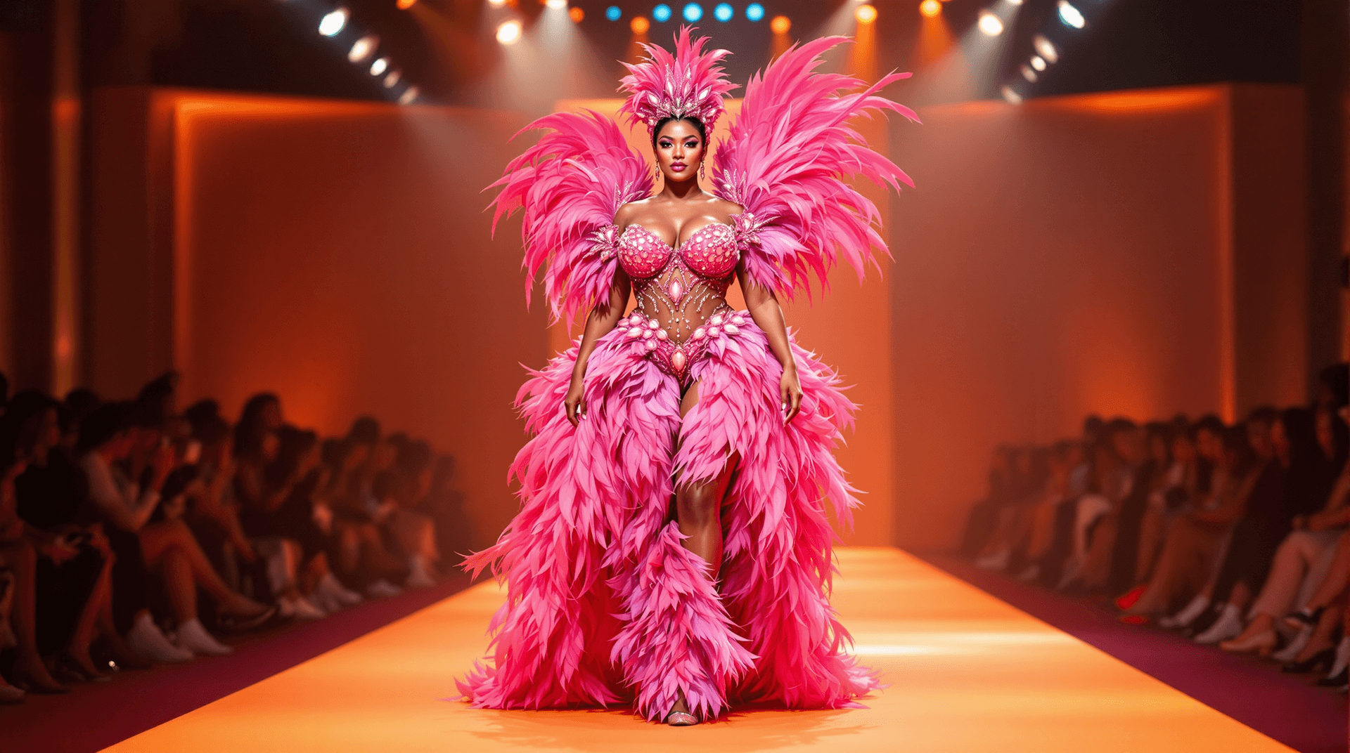 AI generated: Hyper Realistic A stunningly Curvy Plus Size expressive model Woman on a Parading fashion show runwa...