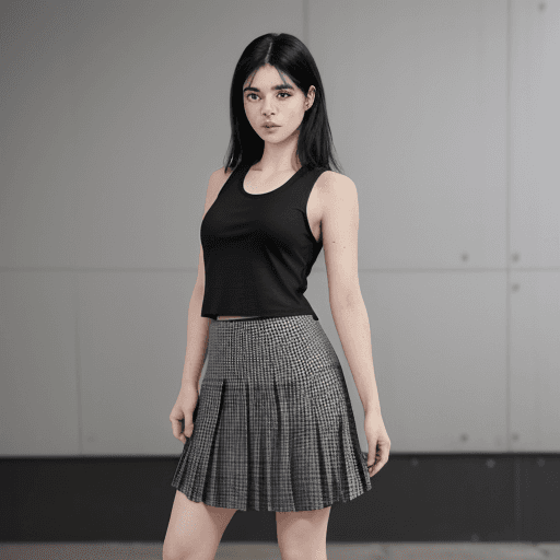 AI generated: black hair , black tank top, lifting shirt up,  pleated skirt, standing in public, (highly detailed ...