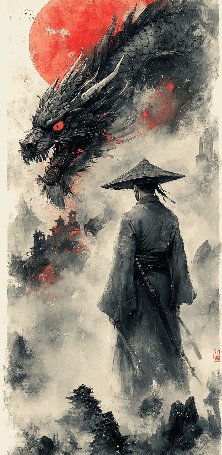 AI generated: japanese samurai in front of a dragon, in the style of minimalist ink wash, 2d game art, witchcore, ...