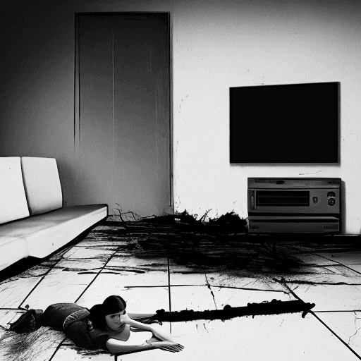 AI generated: (Luis Roro:1.9)dark front room lat tv laying on its screen on the floor(Samara), climbing out of a b...