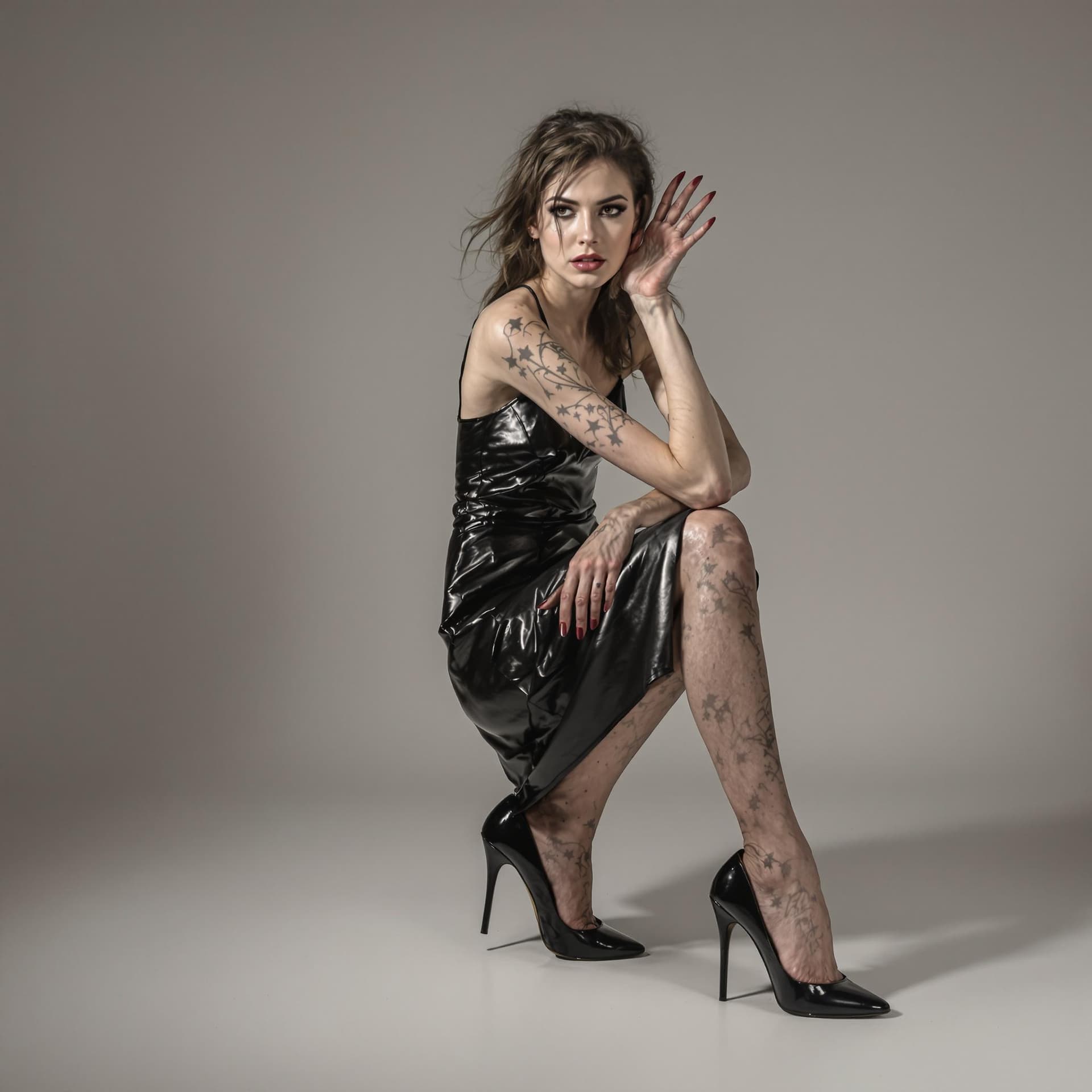 AI generated: a professional photography portrait of a woman with rough skin wearing black heels and a leather dre...