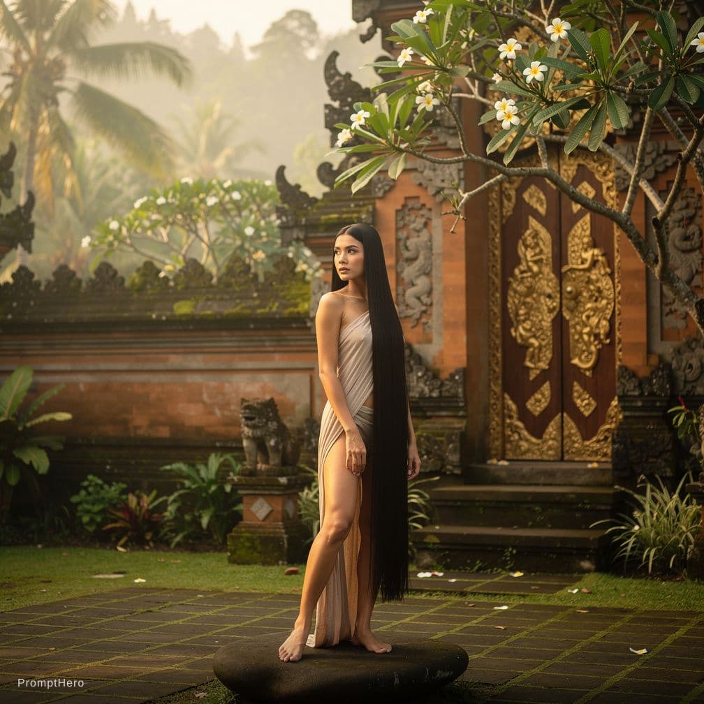 AI generated: naked, long black hair center parting, hairy pussy, balinese