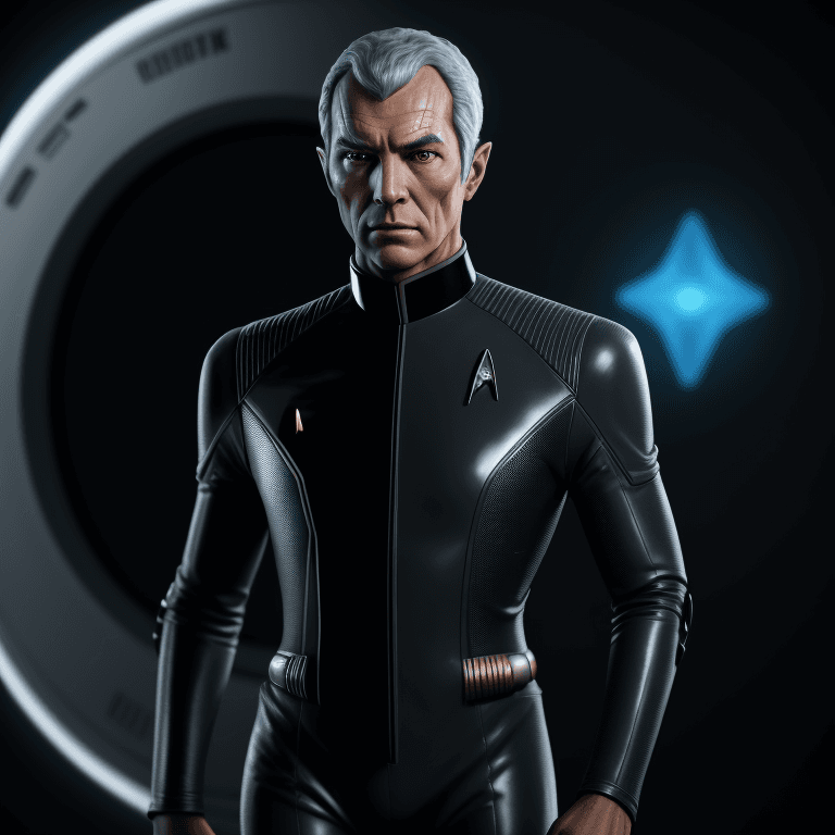 AI generated: front shot of man wearing a rubber star trek suit, plastic texture, 8k, hyperrealistic, highly detai...
