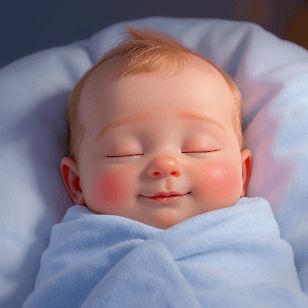 AI generated: A six-month-old baby with rosy cheeks, soft peach-fuzz hair, wrapped in a light blue blanket, innoce...