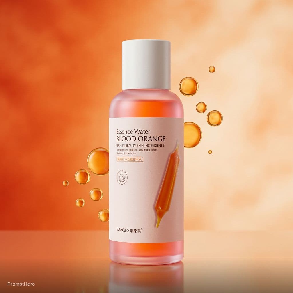 AI generated: luxury cosmetic product shot, blood orange toner bottle, pink cosmetic bottle with white accents, fl...