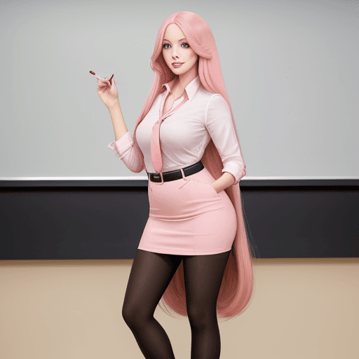 AI generated: Sexy teacher, long pink hair, perfect eyes, light makeup, gorgeous detailed teacher lipstick school ...