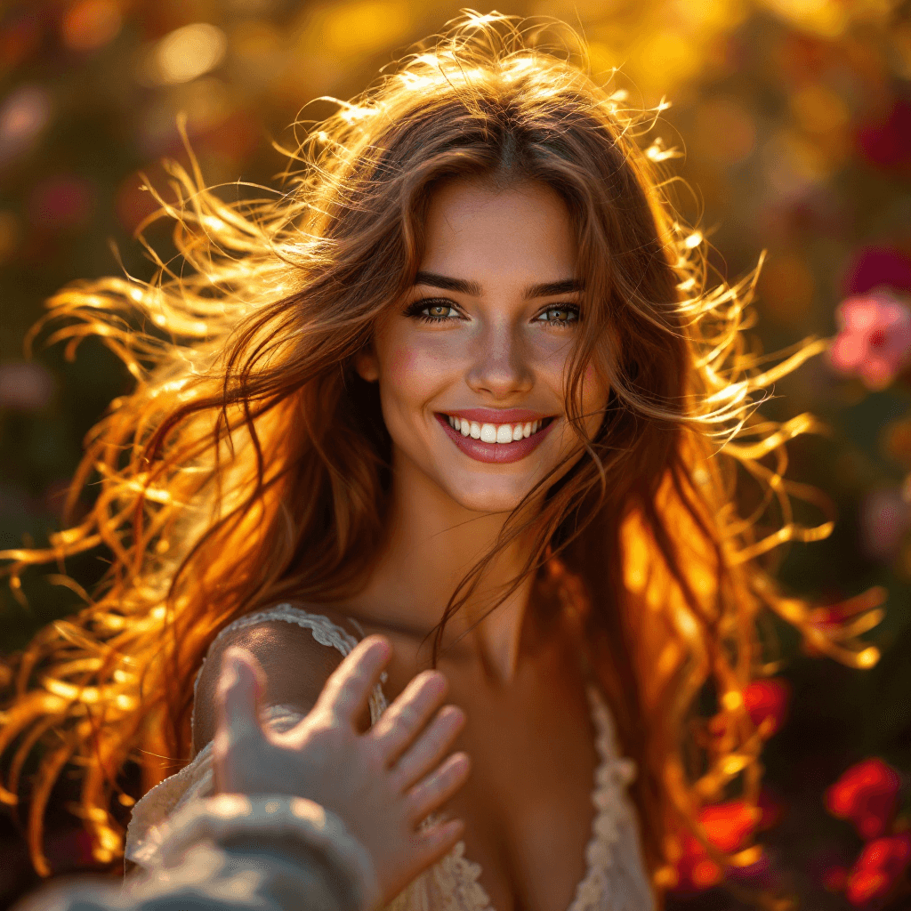 AI generated: The image captures most beautiful girl in the world, age 18, with flowing, chestnut hair illuminated...