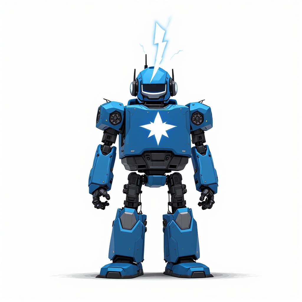 AI generated: A blue robot with crisp clear white crested star logo on its chest and a white lightning above its h...