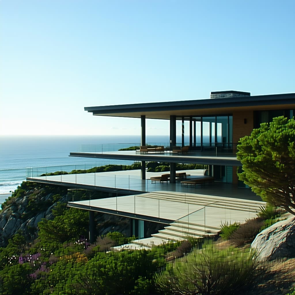 AI generated: Hyper realistic eye level exterior photo of a mid century modern style house overlooking the ocean, ...