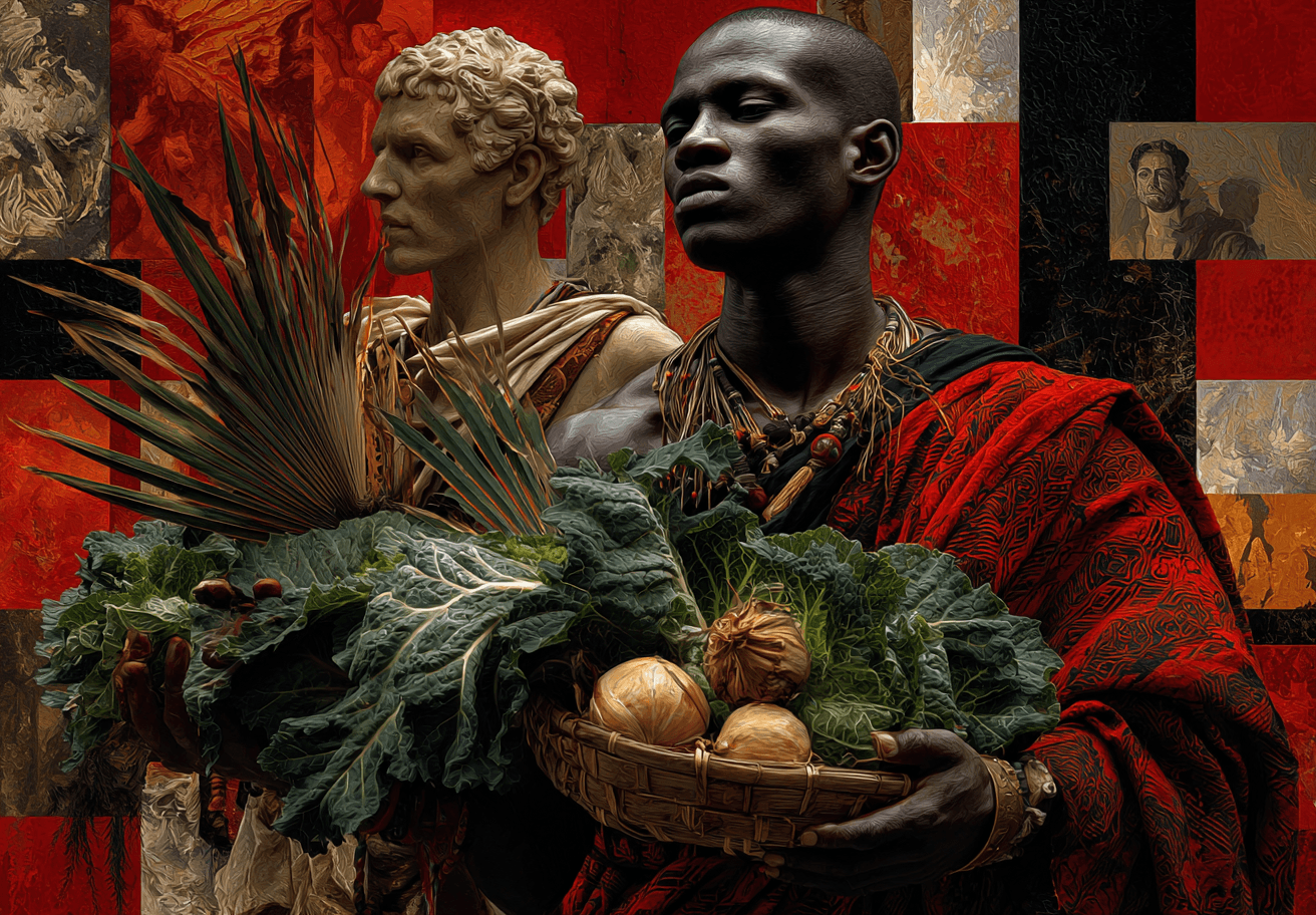 AI generated: 
A painting of two African men in traditional carrying food, with the background being an abstract ...