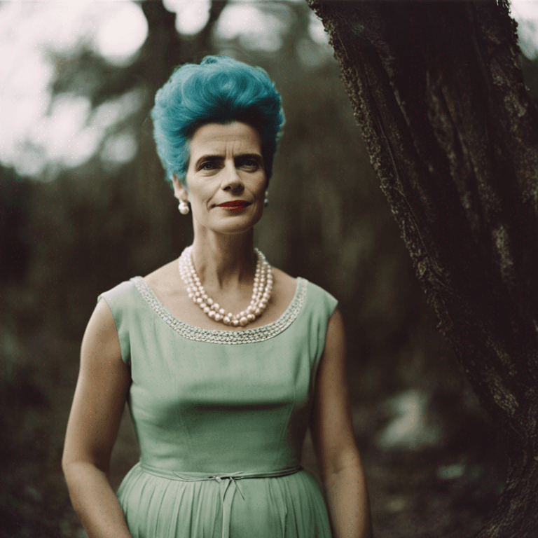 AI generated: marge simpsons, Blue hair, tall beehive hairstyle, loving and caring mother, green dress with a red ...