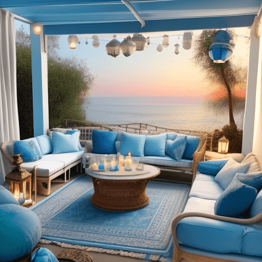 AI generated: A boho terrace in light blue and white tones with a round sofa, cushions and candles with sparkling ...