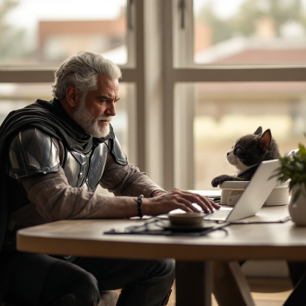 AI generated: The Mandalorian and Pedro Pascal dressed like an old lady sitting on a table looking at a laptop com...