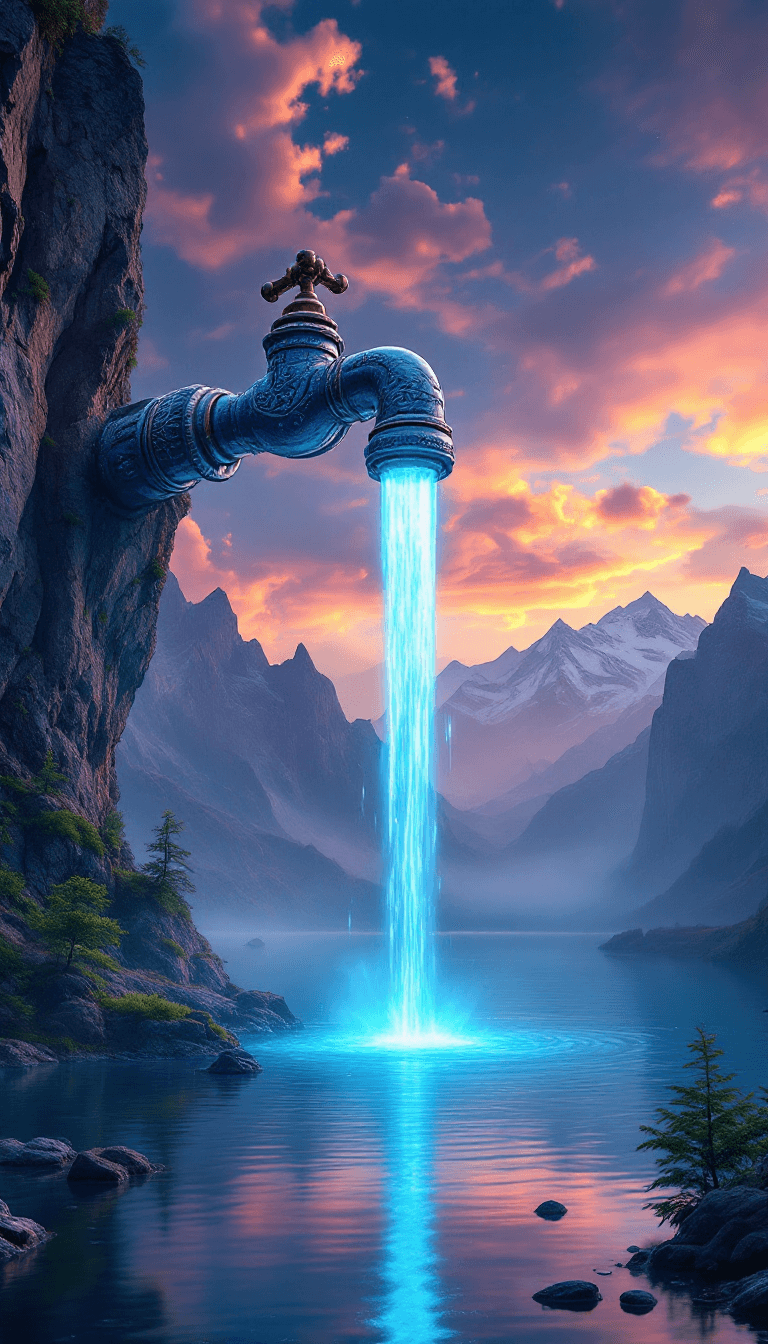 AI generated: "A surreal and majestic landscape featuring a massive, ornate faucet suspended in the air, pouring a...