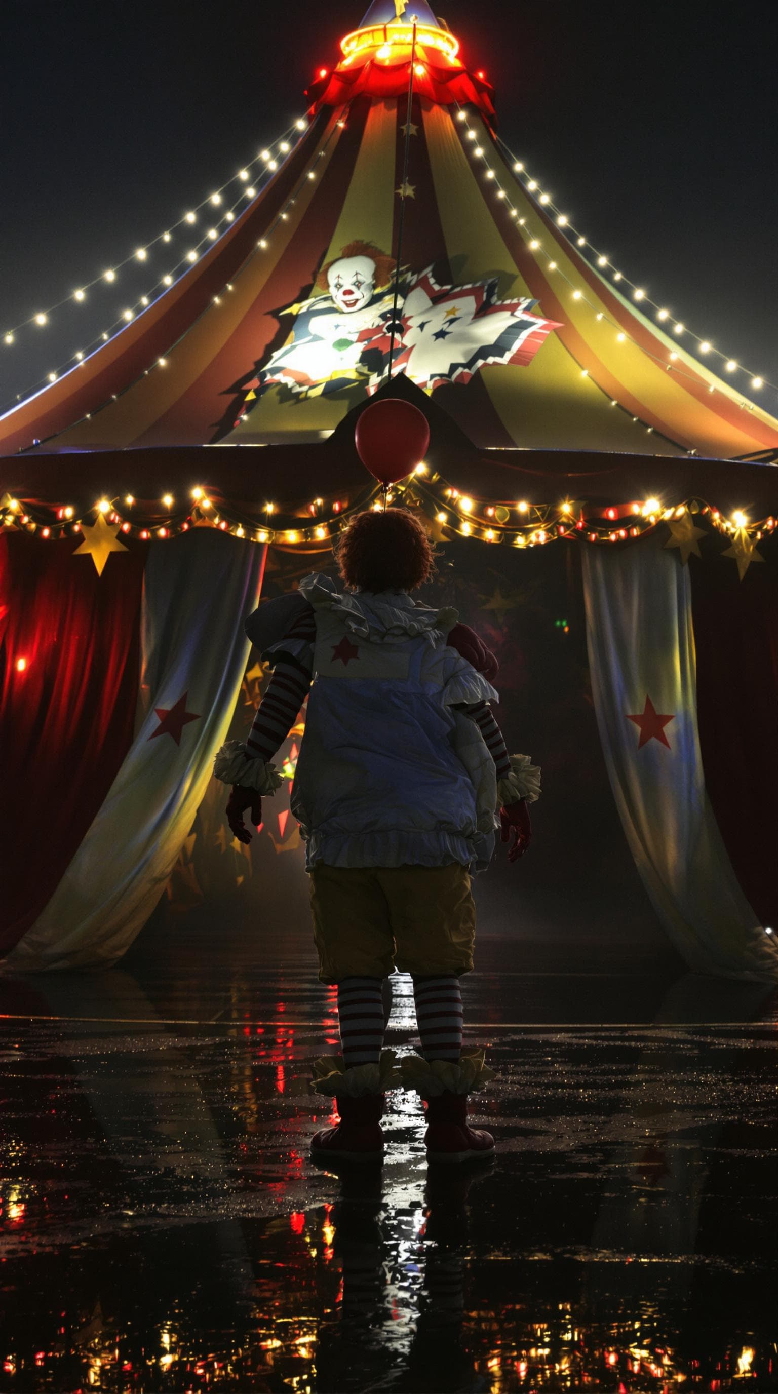 AI generated: pennywise the clown standing in front of the circus tent at night, highres, realistic photo, profess...