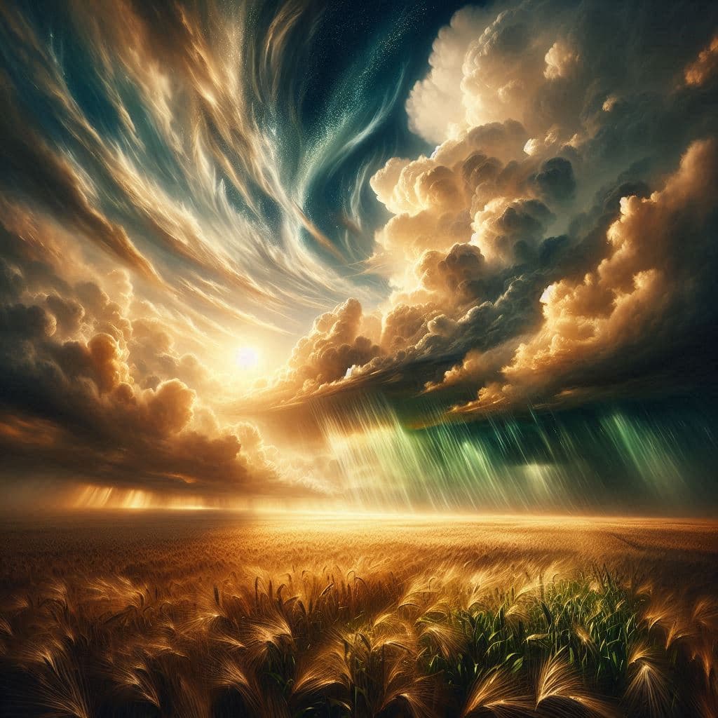AI generated: an expansive, golden-hued field under a sky filled with swirling, majestic clouds, where winds dance...