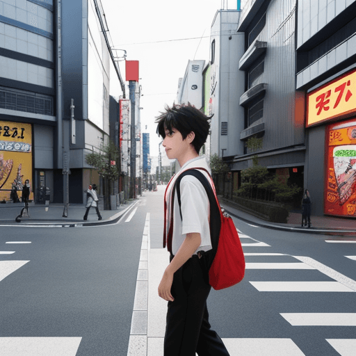 AI generated: a boy in high school  walking in street in tokyo with a bag, anime style

