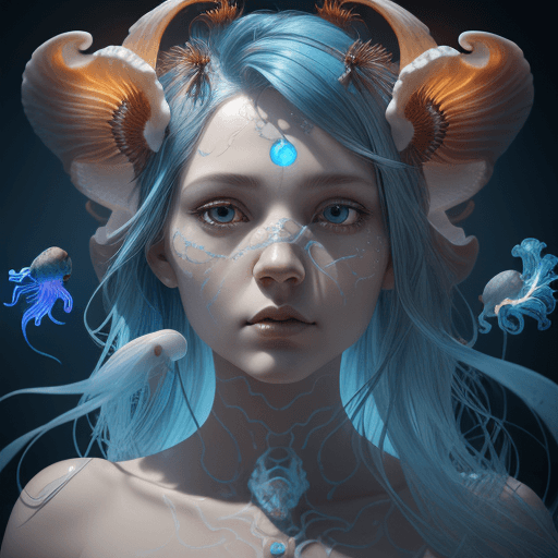 AI generated: Goddess close-up portrait ribcagel. jellyfish phoenix head, nautilus, orchid, skull, betta fish, bio...