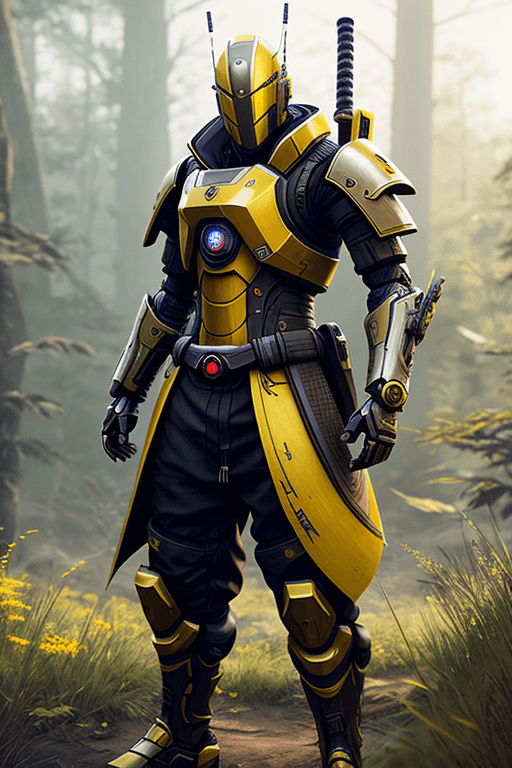 AI generated: Futuristic android robot Samurai, dressed in short robes and baggy pants, Yellow highlights, warfram...