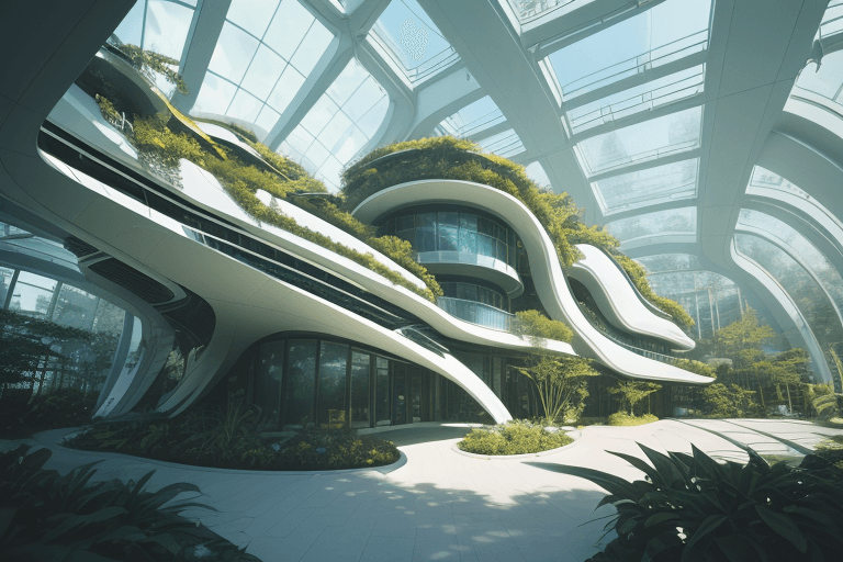 AI generated: masterpiece, eco building full of outdoor plants Futuristic vision, Nikon D85, Cinestill 800, f1.6, ...