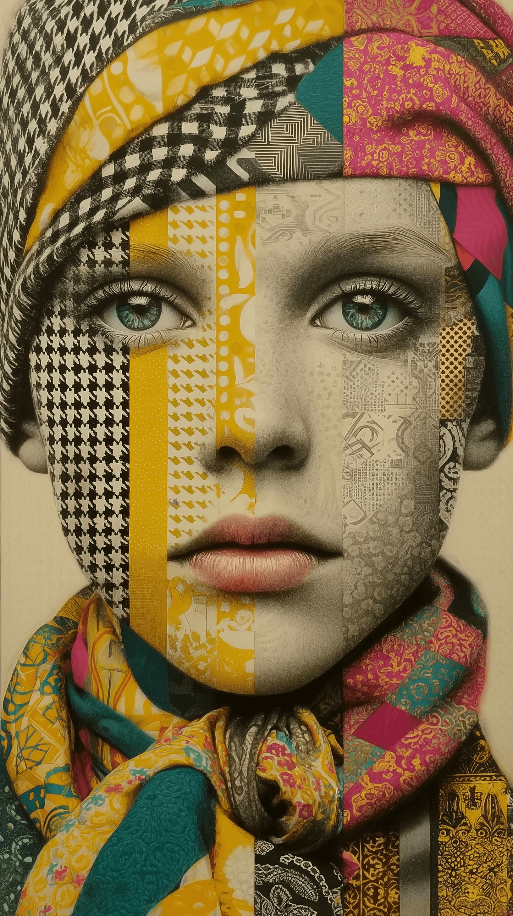 AI generated: girl portrait, variety of patterns, used pattern is black and white houndstooth, yellow and black pa...