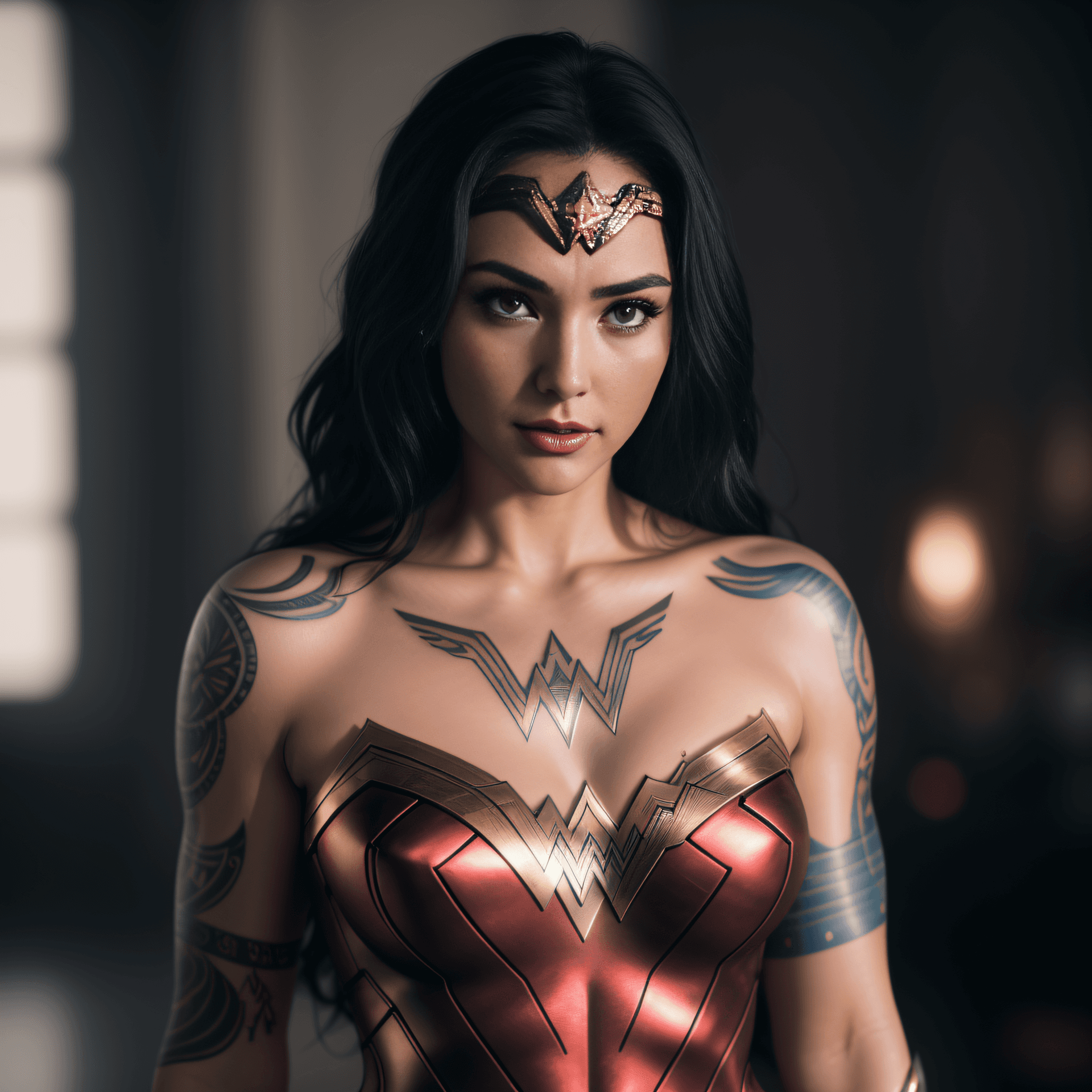 AI generated: Wonder Woman, happy, tattoo, metal lingerie, (tattoos), (full body visible), looking at viewer, port...