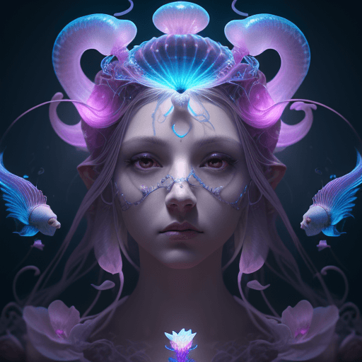 AI generated: Goddess close-up portrait ribcagel. jellyfish phoenix head, nautilus, orchid, skull, betta fish, bio...
