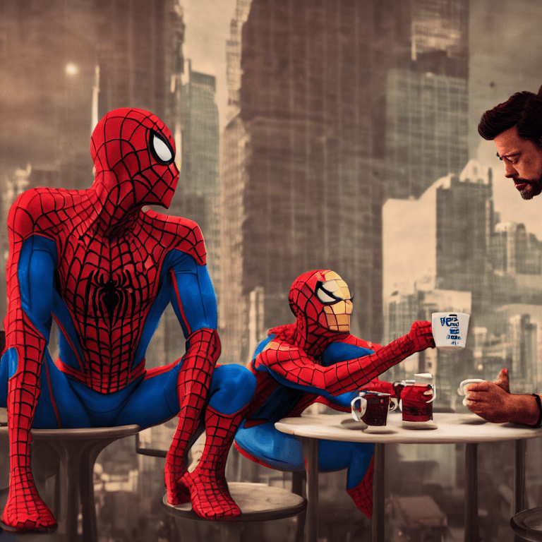 AI generated: photo of Ironman and Spiderman drinking coffe in Buenos Aires, Wes Anderson movie style , cinematic ...
