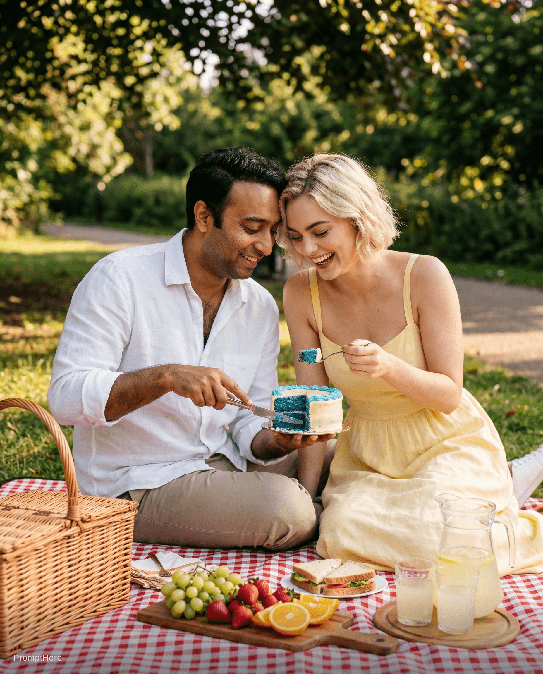 AI generated: Create a photo of a couple sitting on a checkered blanket at an outdoor picnic, holding up a small c...