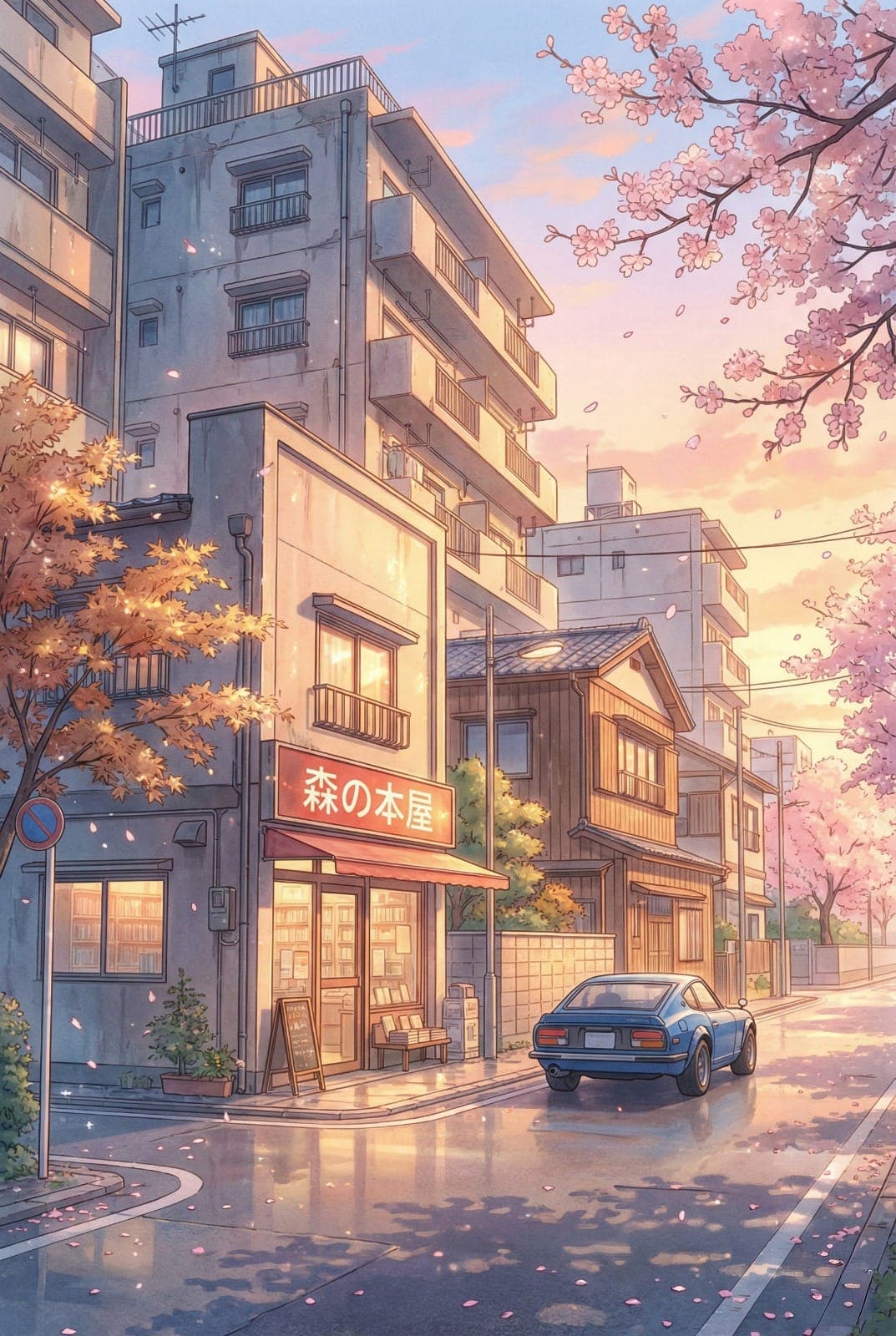 AI generated: Highly detailed anime background illustration of a dreamy Japanese neighborhood in the early morning...