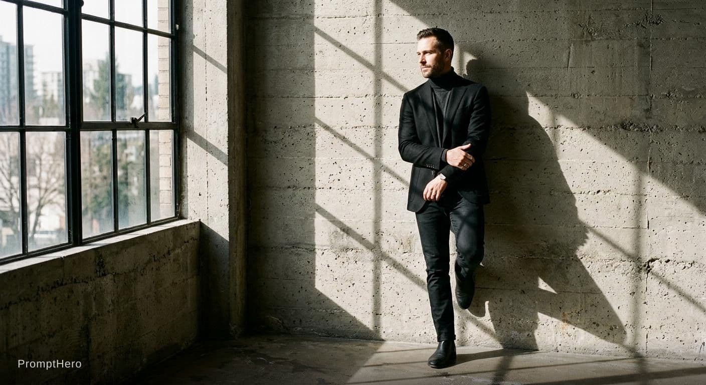 AI generated: this as A man in a tailored black
blazer and turtleneck stands against a
concrete wall. One foot up ...