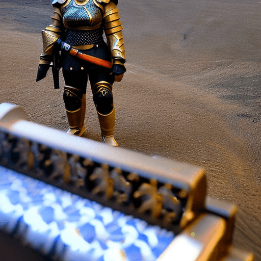 AI generated: raw photo of a female berserker, wearing gold and black armor, ((no helmet)), (((complicated pattern...