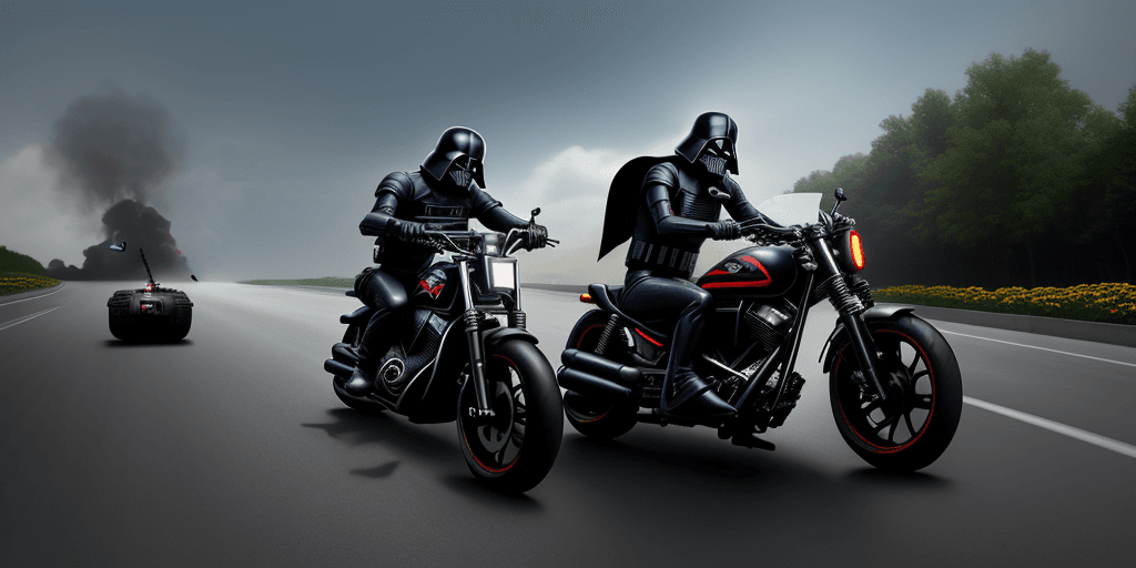 AI generated: DEATH VADOR  MOTO BIKE STUNT   ON THE ROAD OF DEATH  ARMED GUN AND CYBER  DESTROYER MACHINE FOLLOWIN...