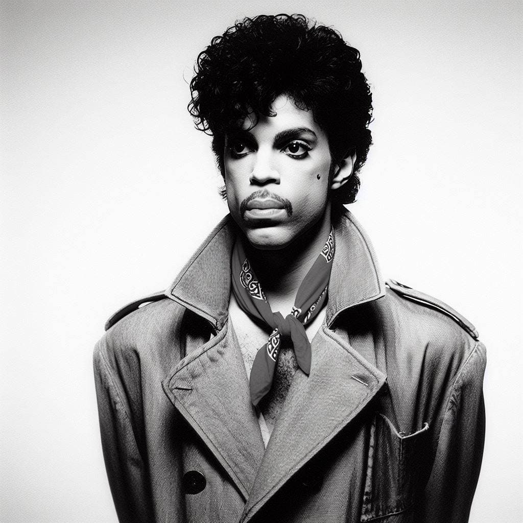 AI generated: vhs portrait shot of prince on stage 1980, wearing a dark pink trenchcoat, bandana, short curly blac...