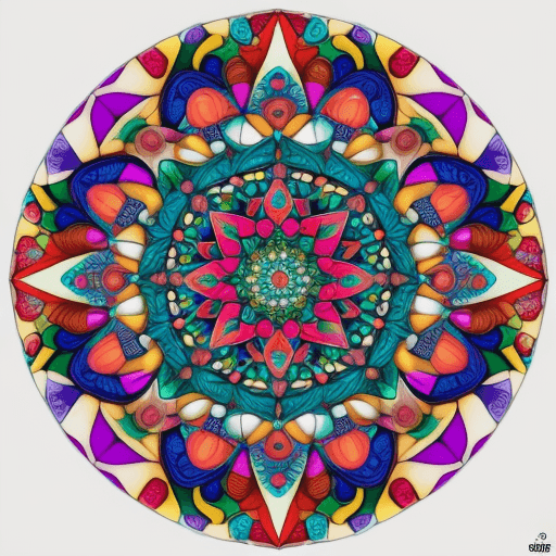AI generated: mandala con colores vividos, con formas en su interior tipo fractal sin ángulos, de diversos colores...