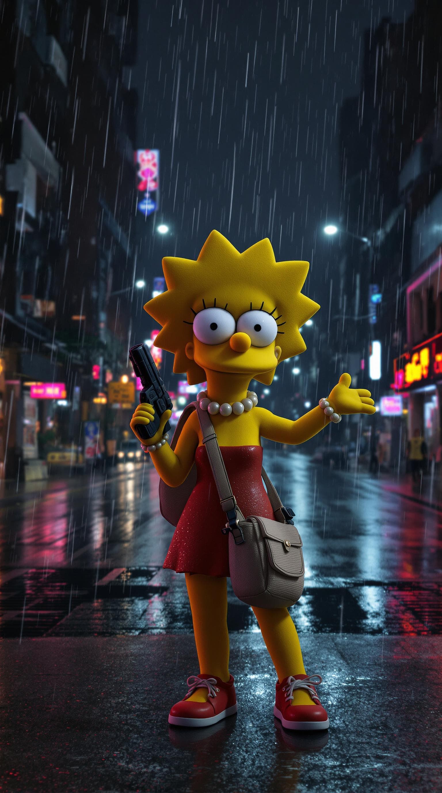 AI generated: 3d cartoon Lisa Simpson Posing In dark rainy Dystopian city in the rain, on an empty street. Neon li...
