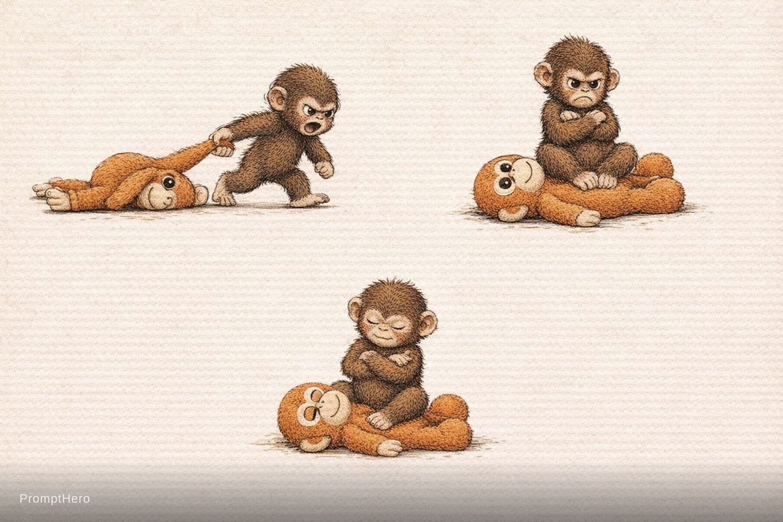 AI generated: vintage children’s book illustration, 3 scene storytelling composition, cute baby monkey with fluffy...