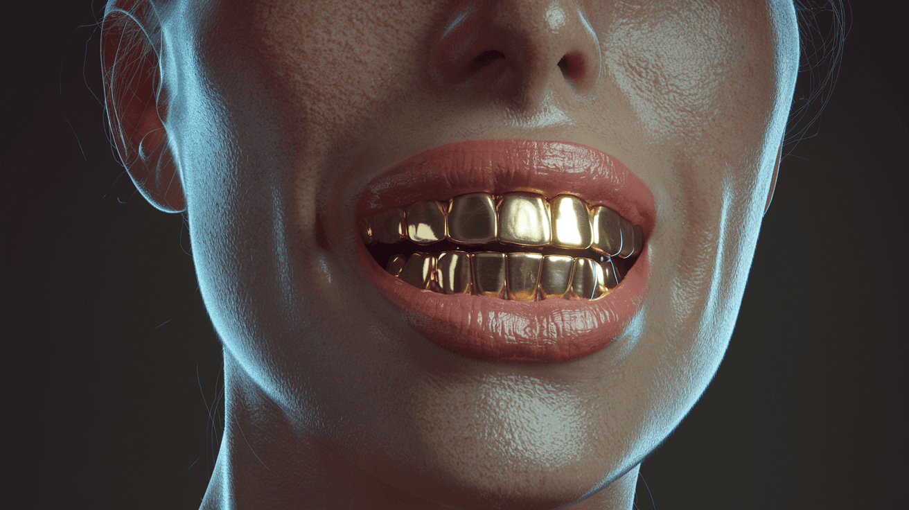 AI generated: a woman with a large jaw and gold teeth, in the style of futuristic minimalism, restrained forms, da...
