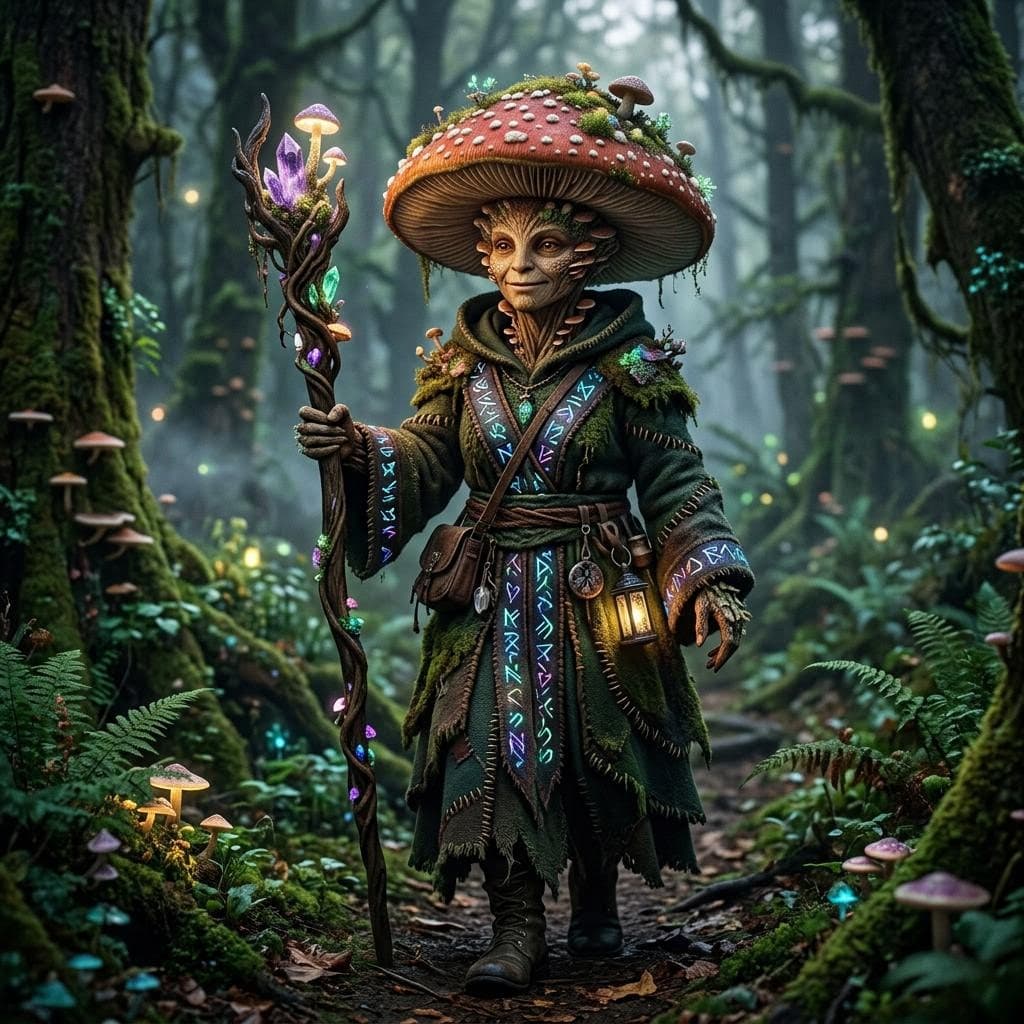 AI generated: A female mushroom person witch holding a two handed staff and wearing robes with iridescent runes st...