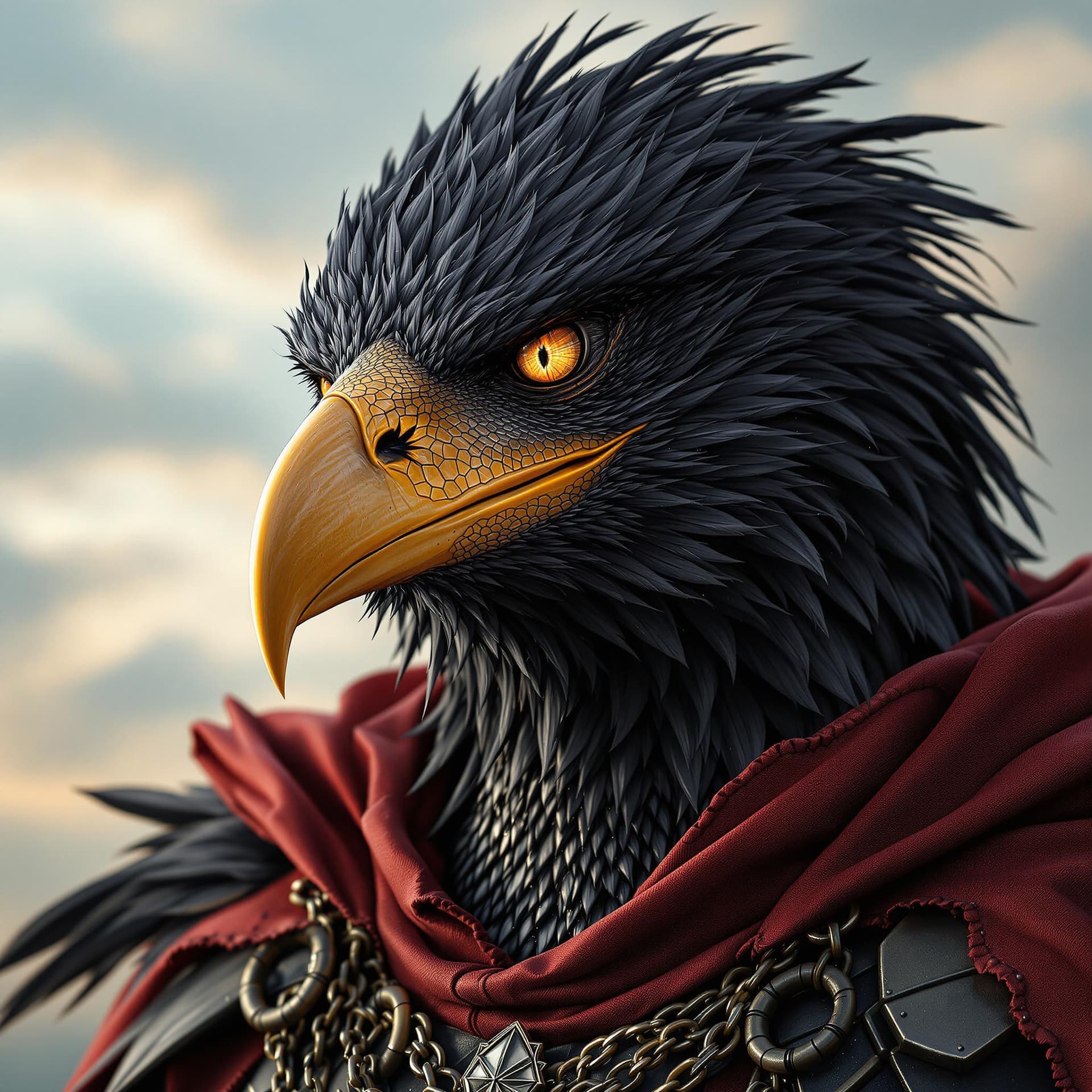 AI generated: ultra realistic photo, fantasy character portrait, male black feather anamorphic hawk face!, hyper r...