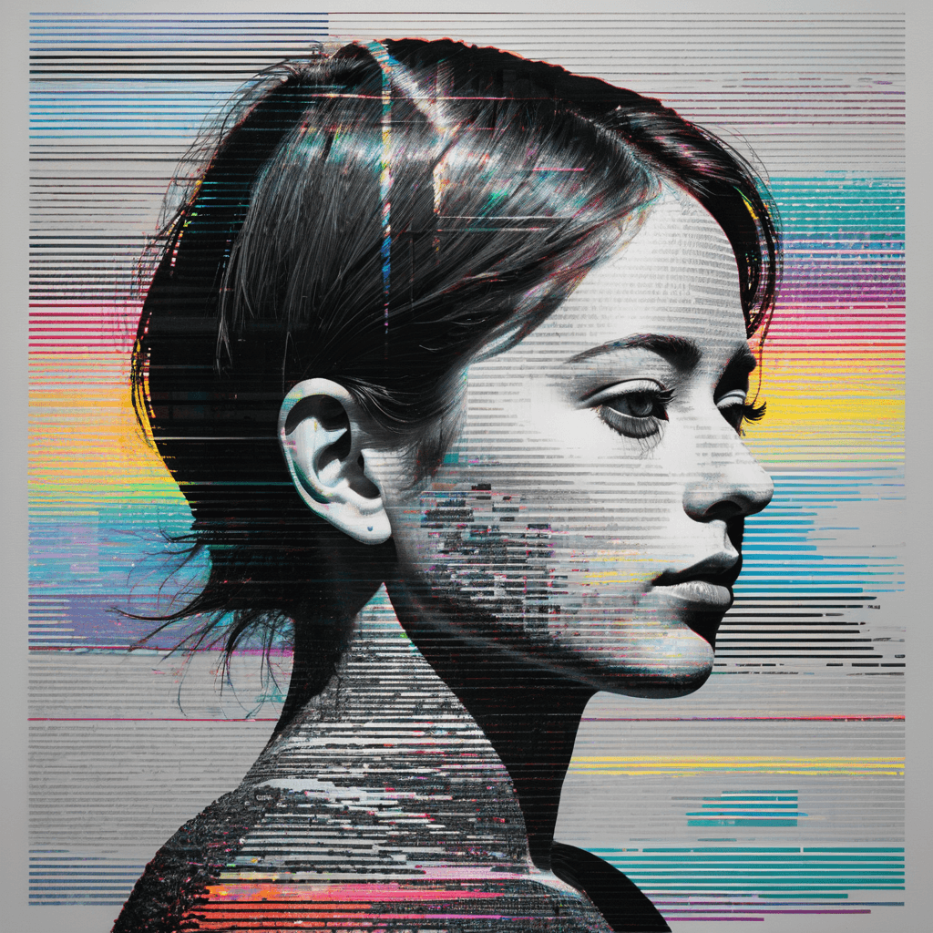 AI generated: colourful glitch art with linear distortion, horizontal scan lines and digital interference, vertica...