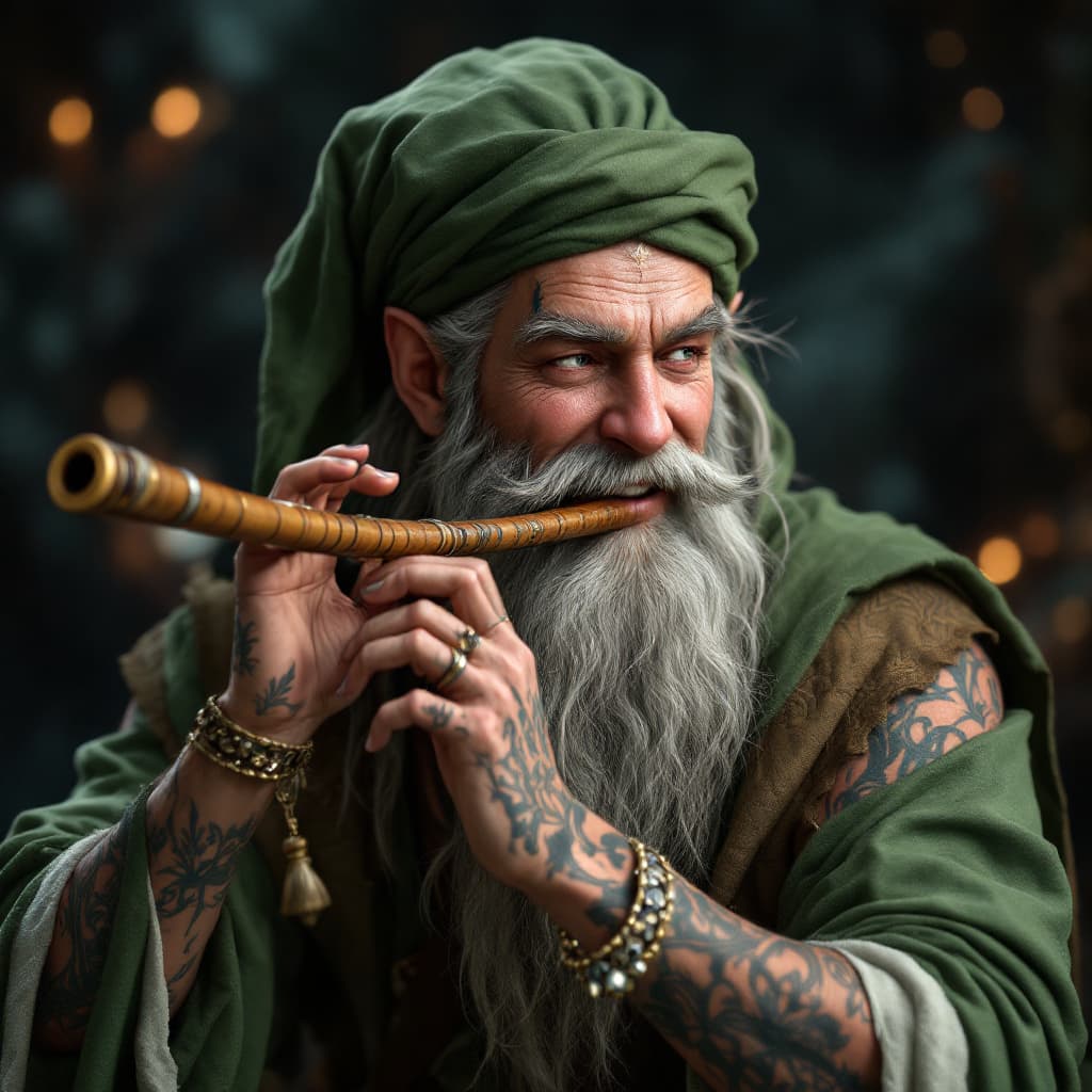 AI generated: happy male elven bard with tattoos playing a pan flute, resembles santa clause with green clothes, u...
