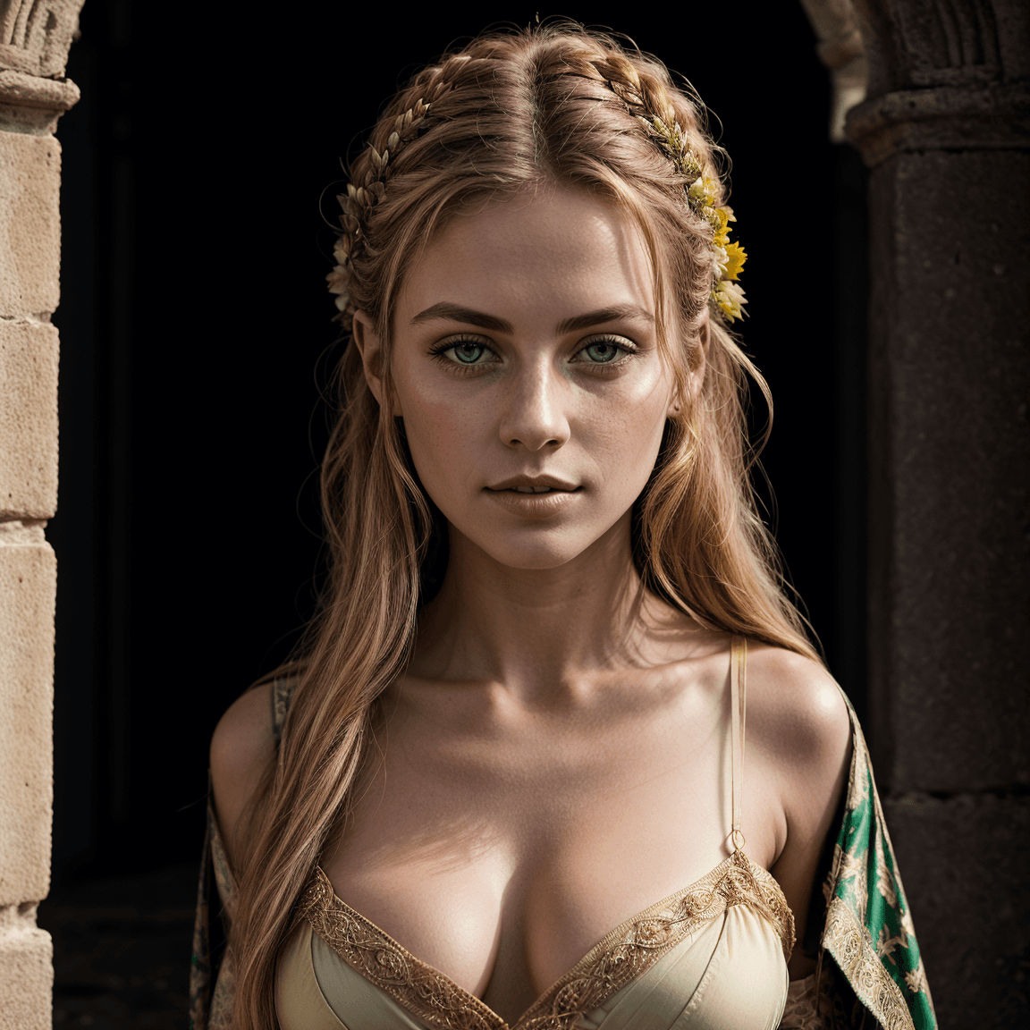 AI generated: ((full body in frame)),(wide angle portrait of a woman:1.2),with long red and blonde hair,tanned ski...