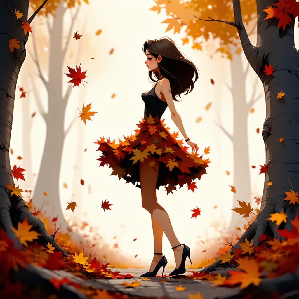 AI generated: caucasian brunette female , (high heels) , she in mini clothes made (( autunn leaves)), (dancing), e...